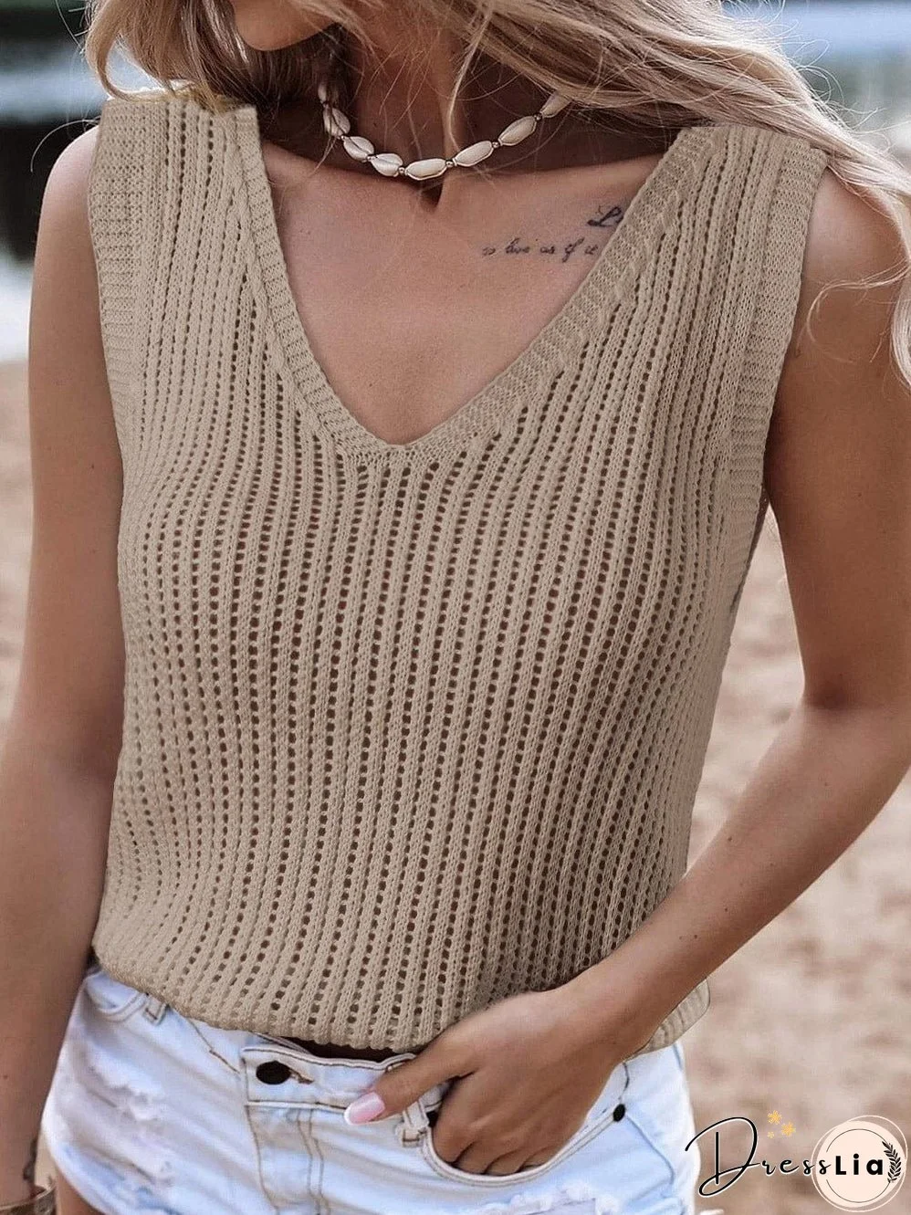 Khaki Hollowed V Neck Knit Tank Top
