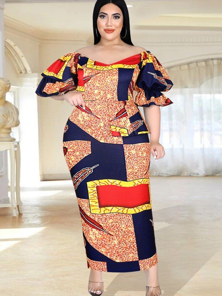 Dashiki African Dresses For Women Summer V Neck Sexy Print Short Sleeve Vestidos Fashion Casual Female Long Pencil Dress 2022