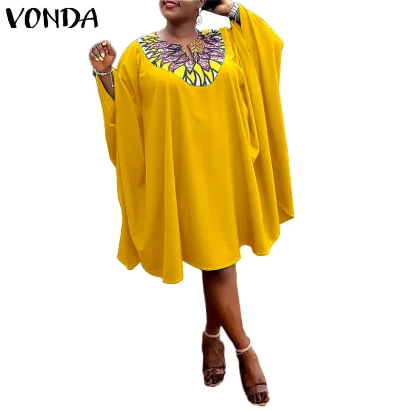 Summer Midi Sundress 2022 VONDA Summer Long Sleeve Vintage Printed Midi Dresses Holiday Dress Casual Holiday Vestido Robe Femme
