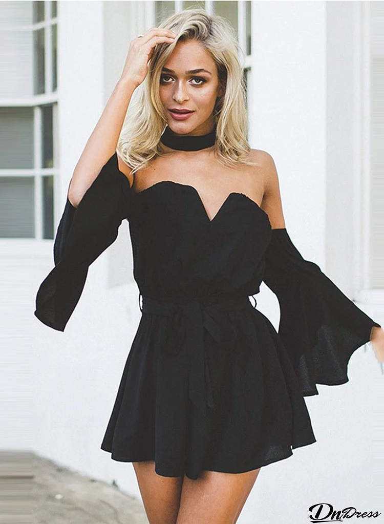 Strapless Flare Sleeve Romper with Choker