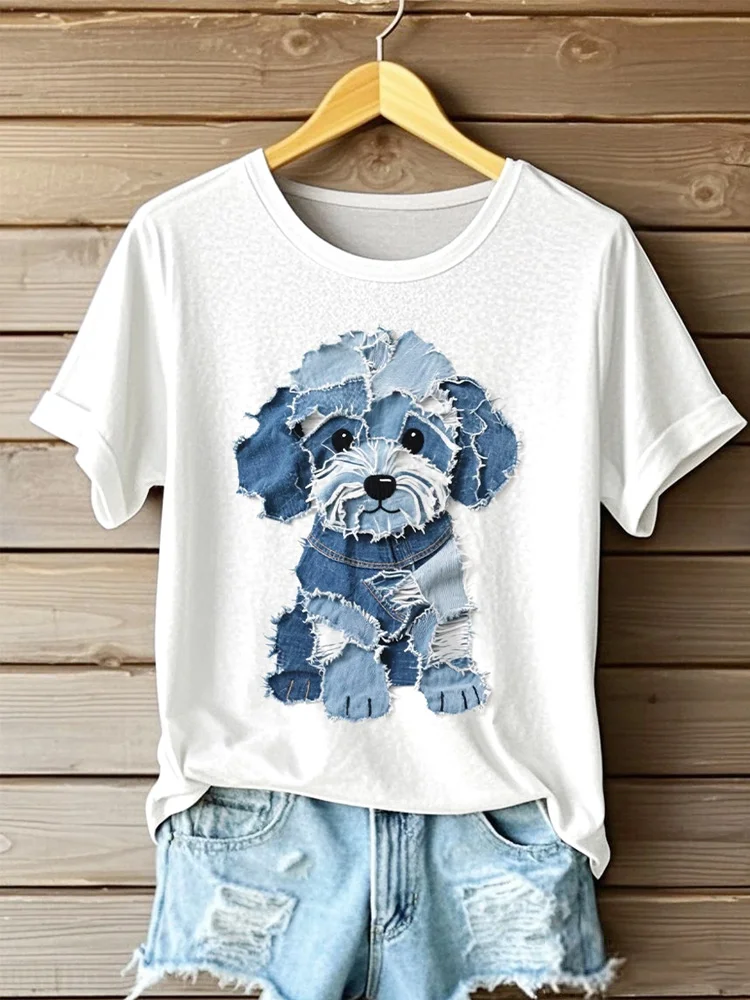 Utbros Women's Cute Dog Denim Patchwork Art T-shirt