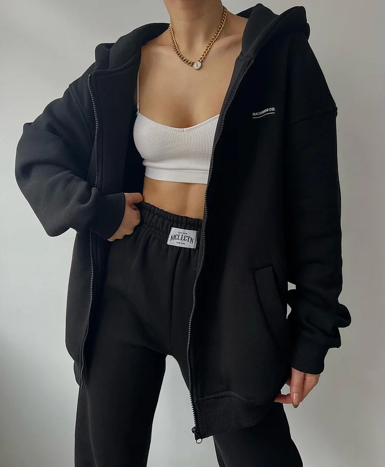 Letter Printed Long-Sleeved Sweatshirt Casual Hooded Suit at Hiphopee