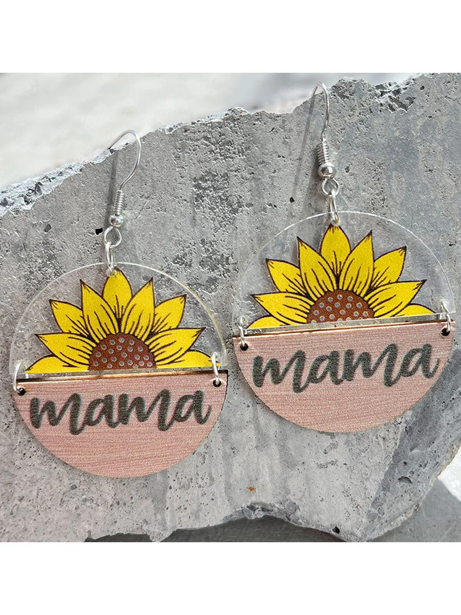 Mama Wooden Round Earrings