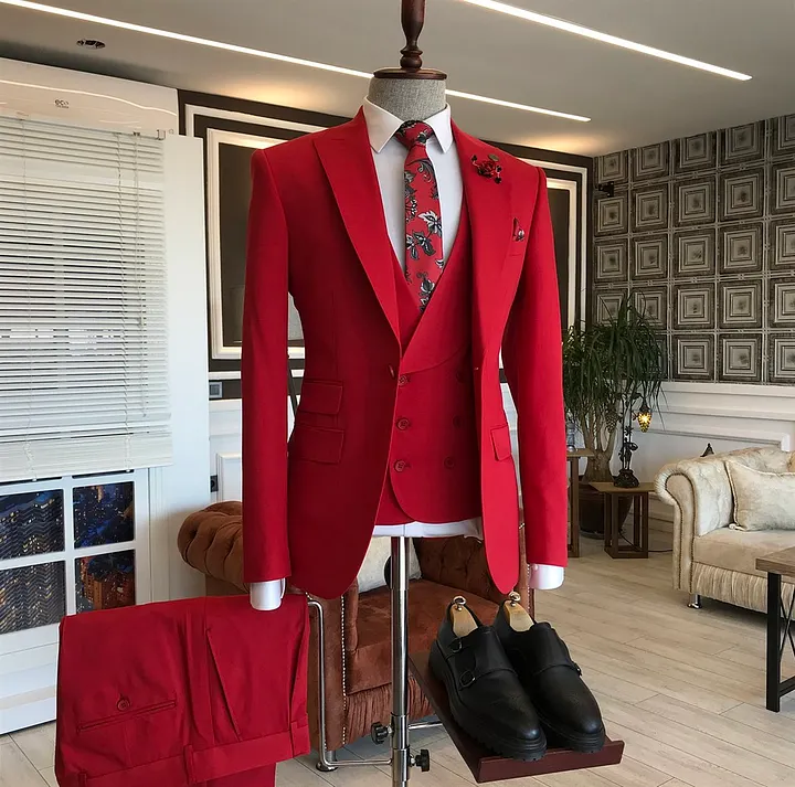 Bellasprom Modern Three Piecess Suit For Men Wedding Red With Peaked Lapel 34-28-Slim