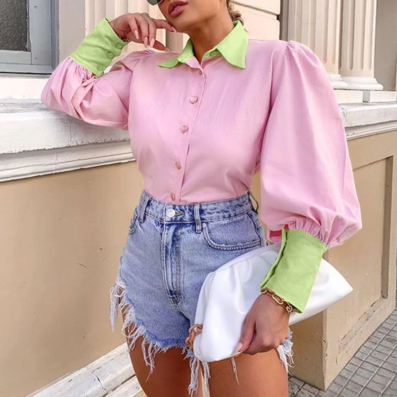 Celmia Women Chic Tunic Tops 2021 Autumn Puff Sleeve Color Patchwork Fashion Blouses Elegant OL Lady Shirts Casual Solid Blusas