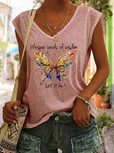 Whisper Words of Wisdom Let it be Butterfly Print Casual V-Neck Women's T-Shirt socialshop