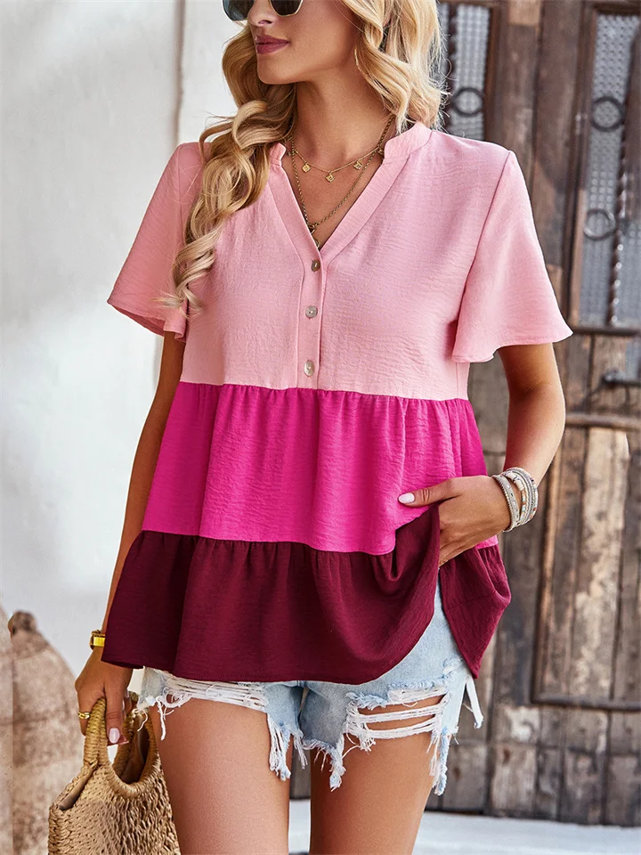 Temperament and Elegance Commuting Collision Color V-neck Pullover Shirt Female Summer Loose Casual Short-sleeved Tops-Cosfine