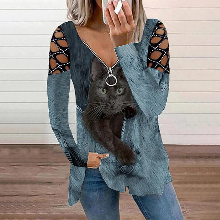 Wearshes Hollow Out Drilling Cat Printed Long Sleeve T-shirt
