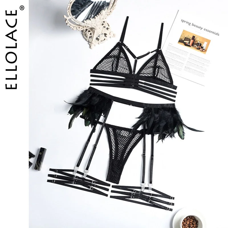 Ellolace Feather Sheer Lingerie Transparent Sensual Four-Piece Set Sexy Mesh Fancy Short Skin Care Kits Lace Kiss Underwear