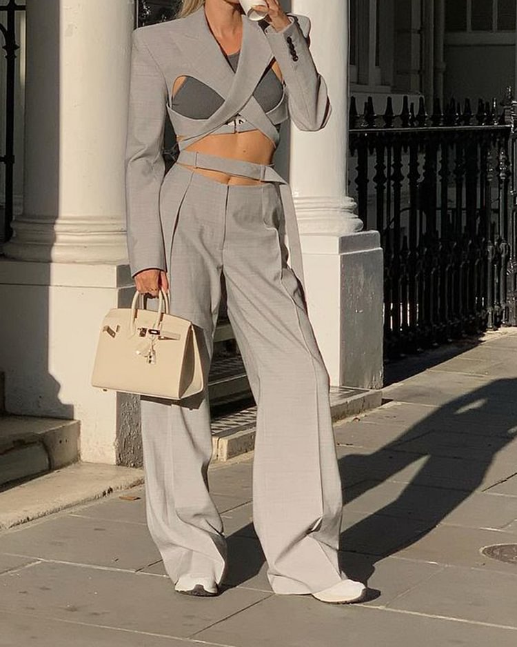 Cutout Tie Long Sleeve Top Waist Pants Two Piece Set