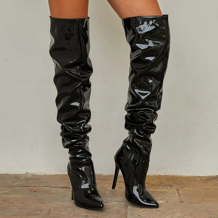 High Quality Pleated Patent Leather Motorcycle Over The Knee Boots
