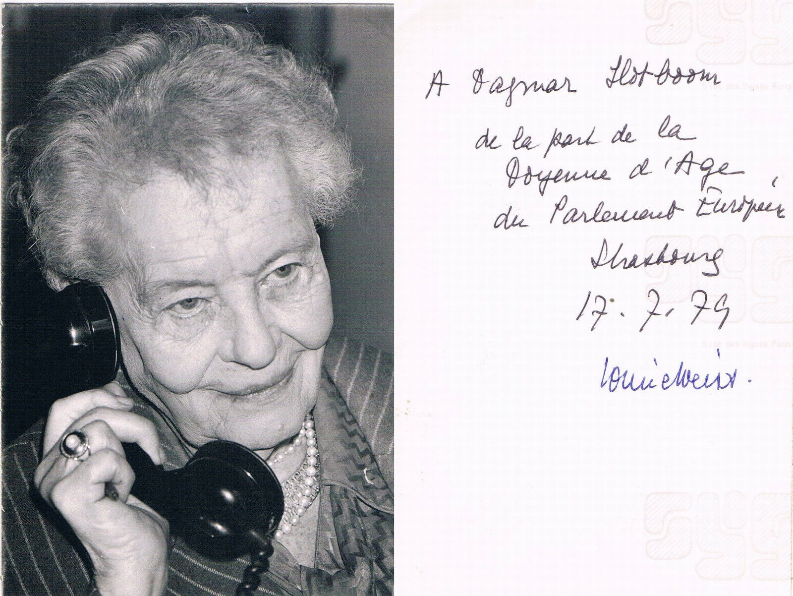 France Louise Weiss 1893-1983 autograph verso signed 4x6