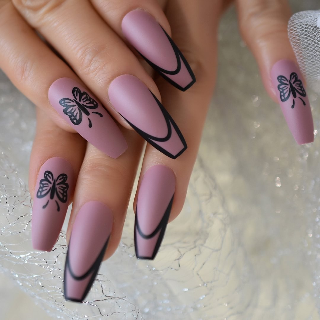 Long Ballerina Pre-designed Fake Nails Matte Butterfly Press On Nails Decal Coffin Shape Purple False Nail
