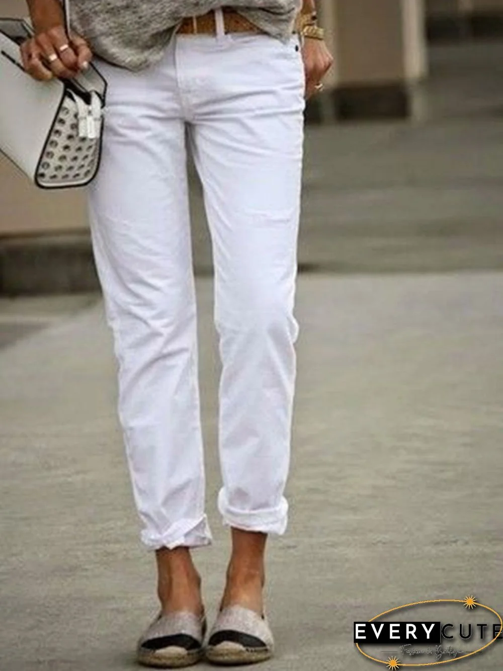 White Casual Cotton-Blend Fashion Solid Pants