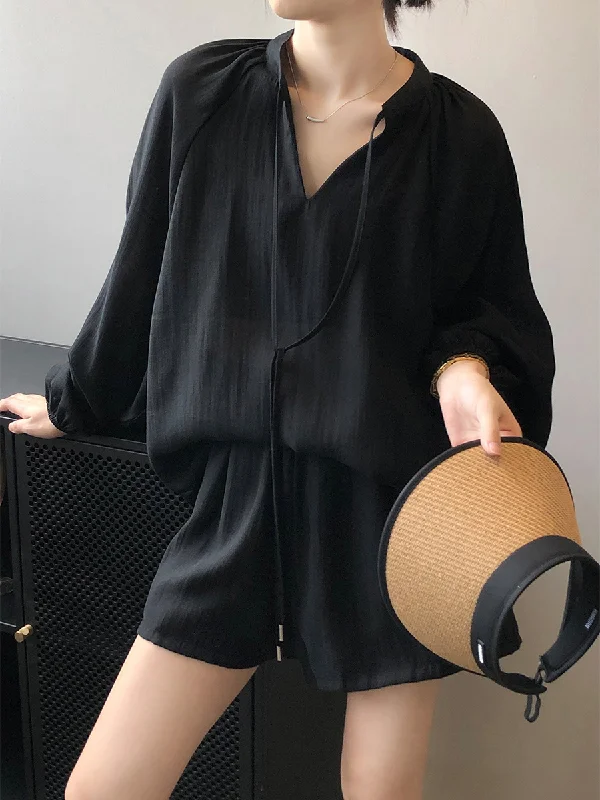 Loose Solid Color Split-Joint Sun Protection Tied V-Neck Long Sleeves Top + Shorts Two Pieces Set