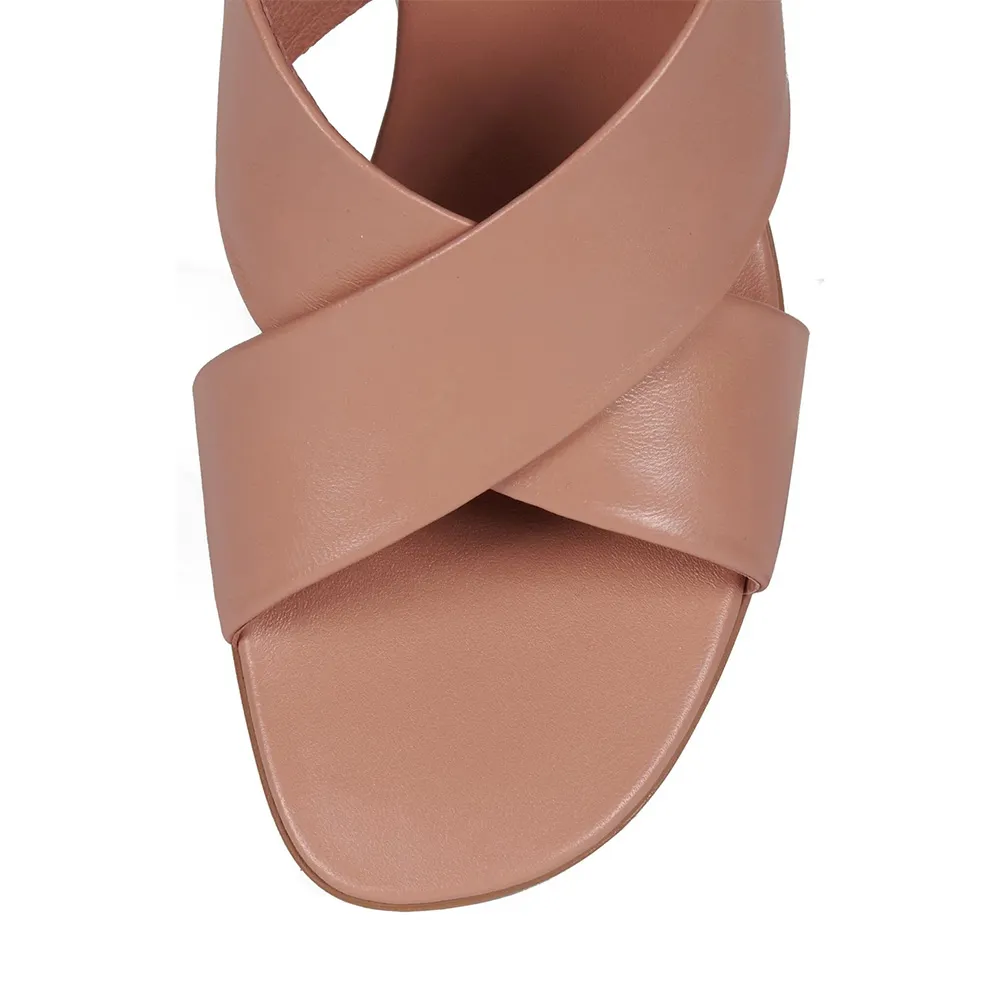 Blush Cross Strap Round Toe Block High Heeled Mules for Women