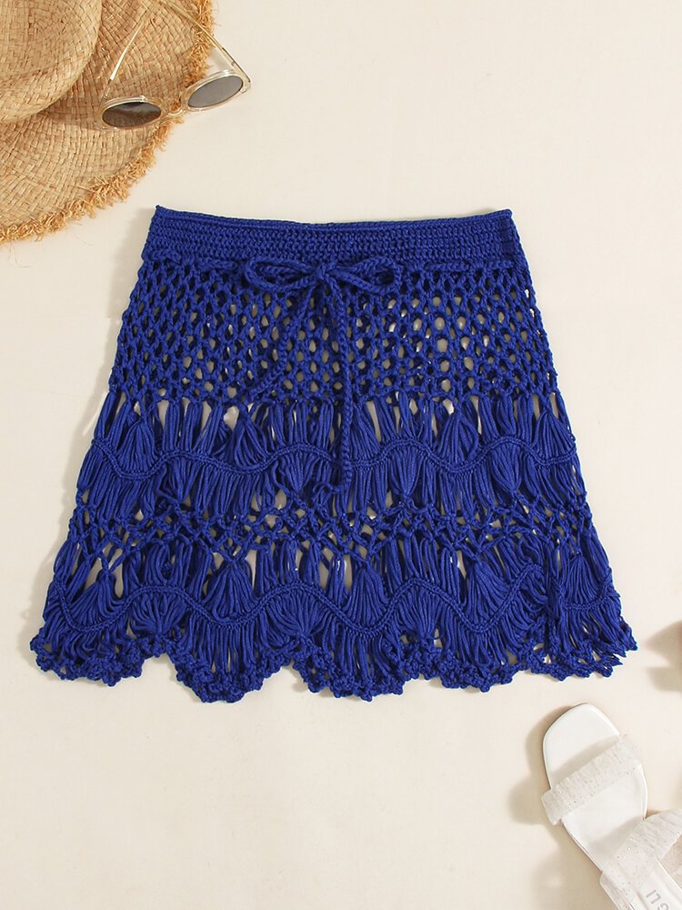 Solid Knitted Crochet Hollow Beach Cover-up Mini Skirt