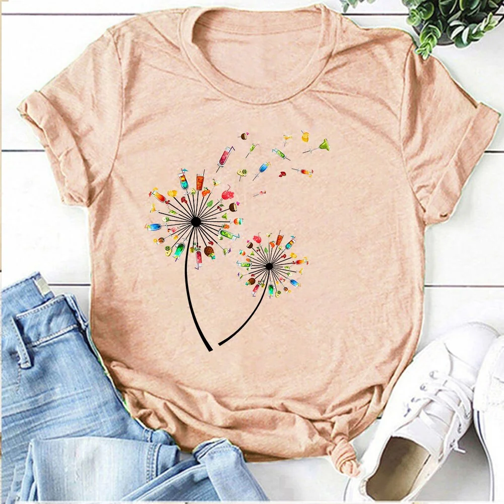 2021 New Funny Women Tshirt Dandelion Print Short Sleeve Loose Tee Shirt Femme Summer T-shirt for Beach Holiday Top Mujer