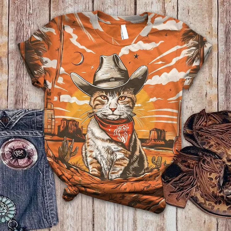 Women's Western Yee Haw Meowdy Partner Print Casual Short Sleeve T-shirt
