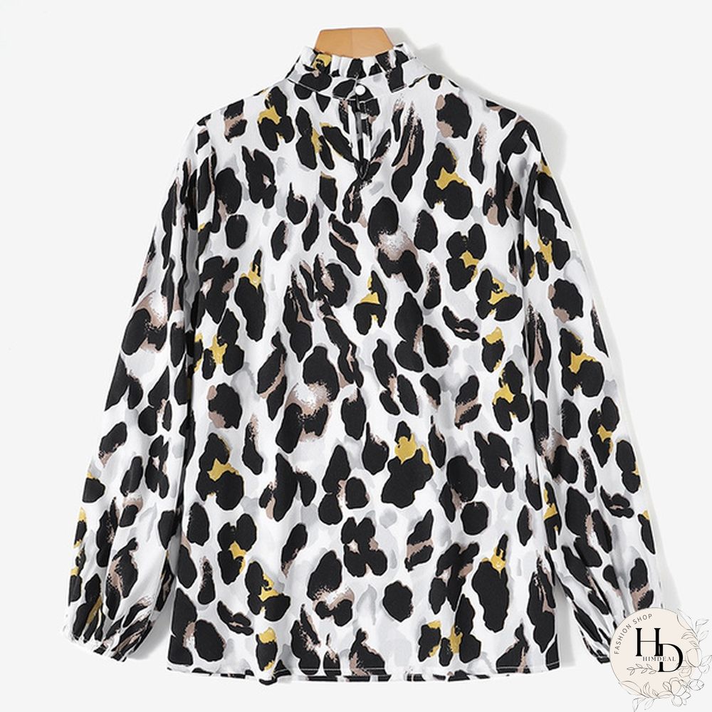 ZANZEA Women Leopard Print Blouse Spring Summer Long Puff Sleeve Tops Casual Loose Turtleneck Oversized