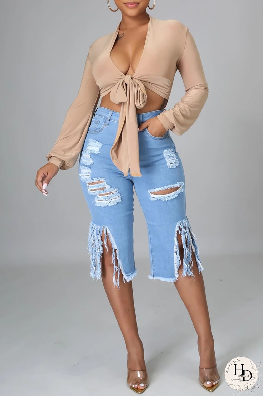 Black Fashion Casual Solid Ripped High Waist Regular Jeans