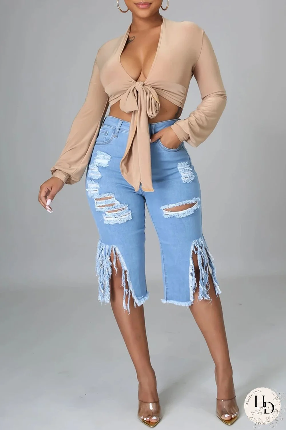 Black Fashion Casual Solid Ripped High Waist Regular Jeans