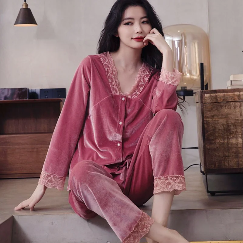 Female Velvet Pajamas Set Long Sleeve Trouser Suits Autumn Winter Velour Sleepwear  Lace V-Neck Nightwear Loose Home Wear