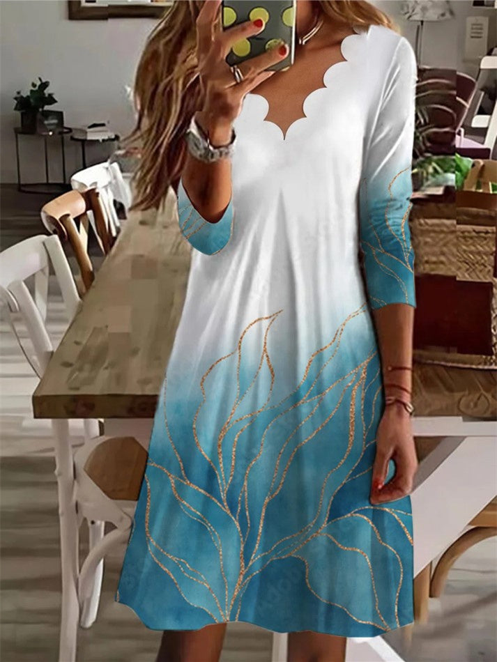 Women Long Sleeve V-neck Floral Printed Midi Dress