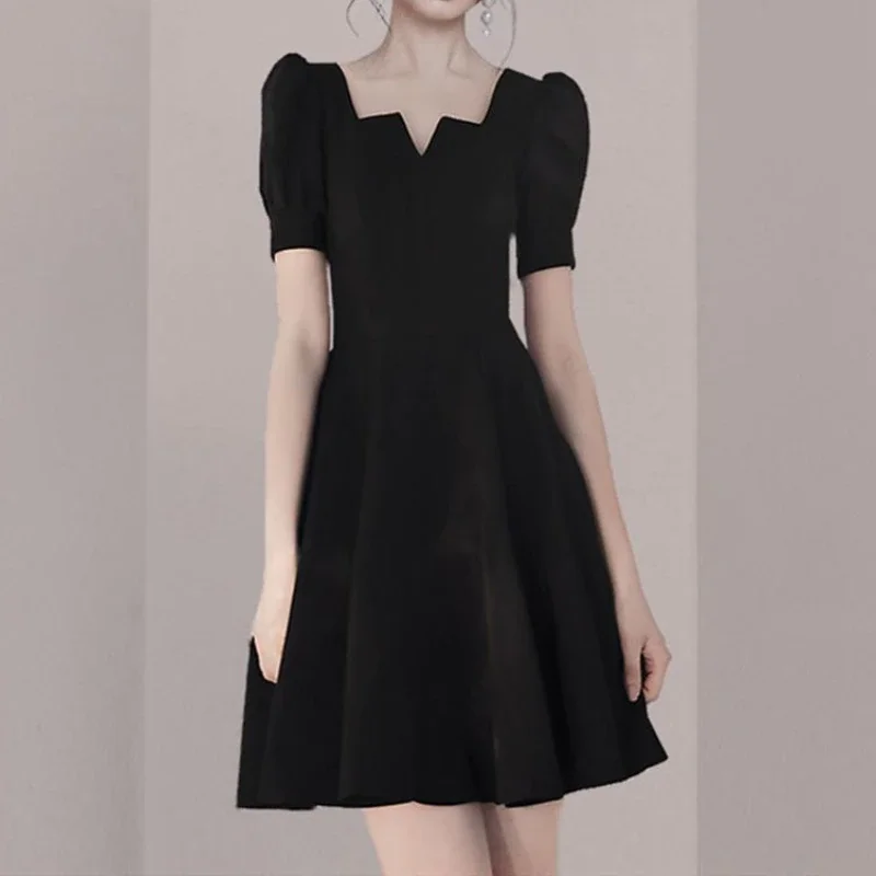 Jangj Collar Puff Sleeves Black Waist Dress Short Sleeve High Waisted for Female 2022 Summer Women's Elegant Korean Style Dress