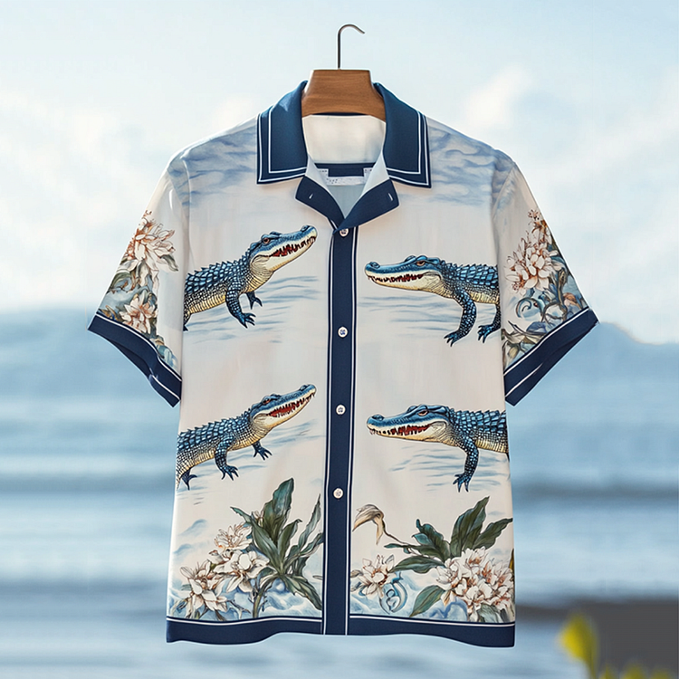 Simpfit Herren Flower Hawaii Crocodile Art Nachahmung aus Nachahmung aus Baumwolle und Leinen Gemütliches Hemd