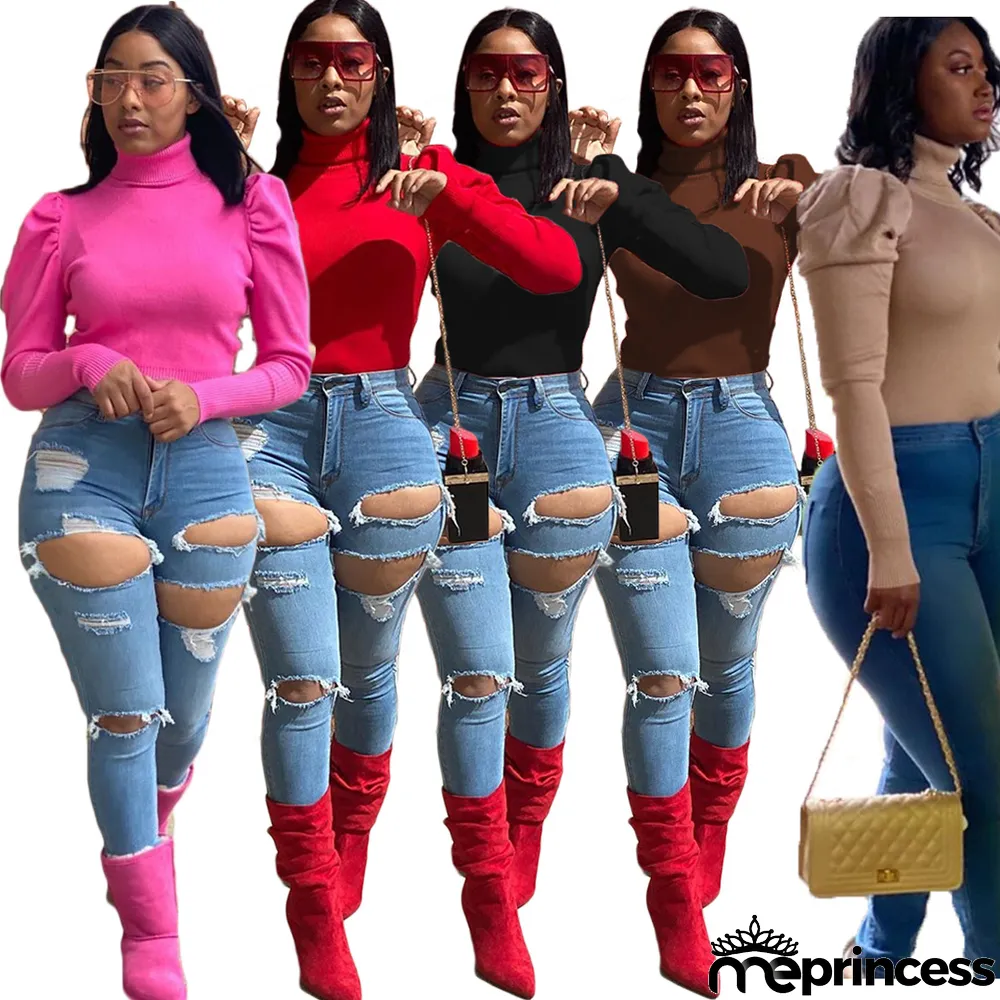 Solid Turtleneck Knitted Long Sleeve Slim Tops