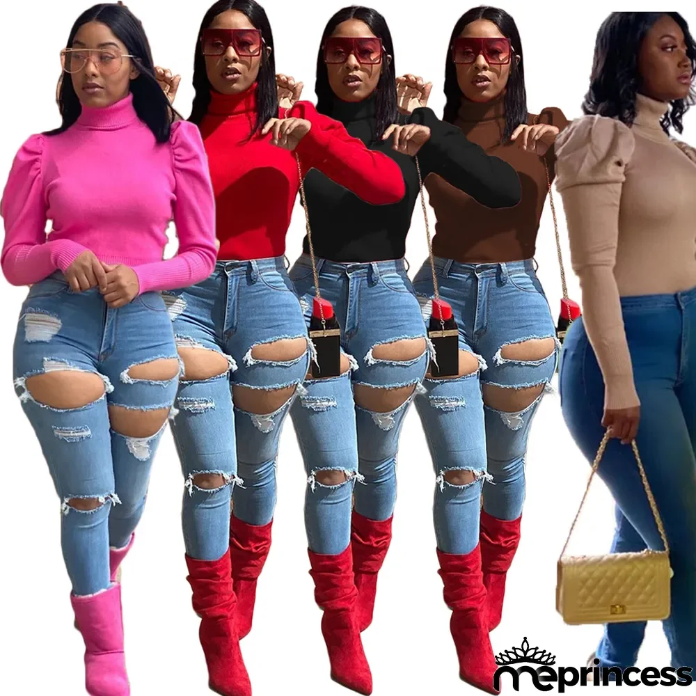 Solid Turtleneck Knitted Long Sleeve Slim Tops