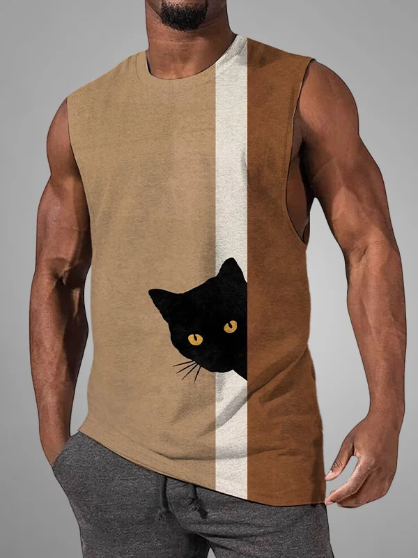 Men's Fun Hide And Seek Black Cat Print Tank Top