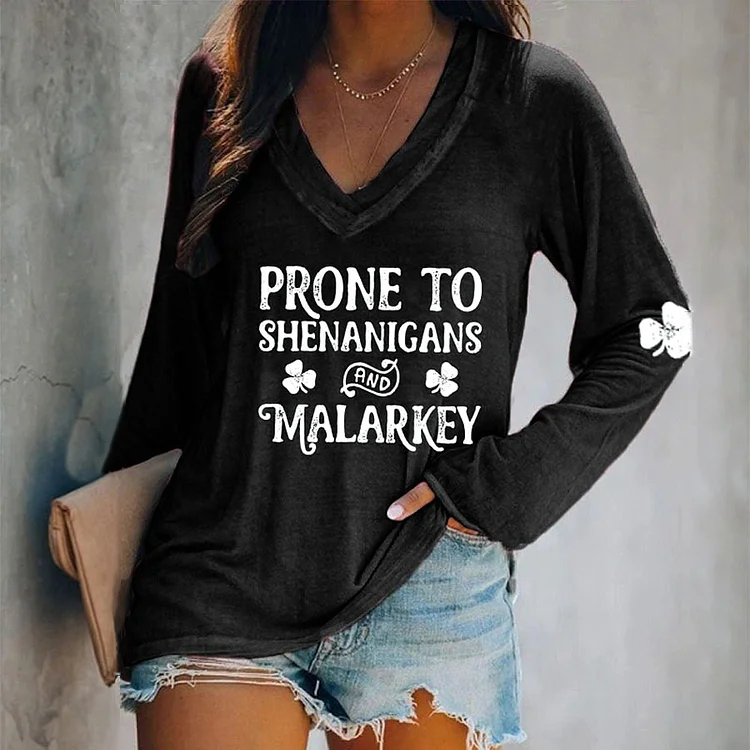 VChics Prone To Shenanigans And Malarkey Print V-Neck T-Shirt