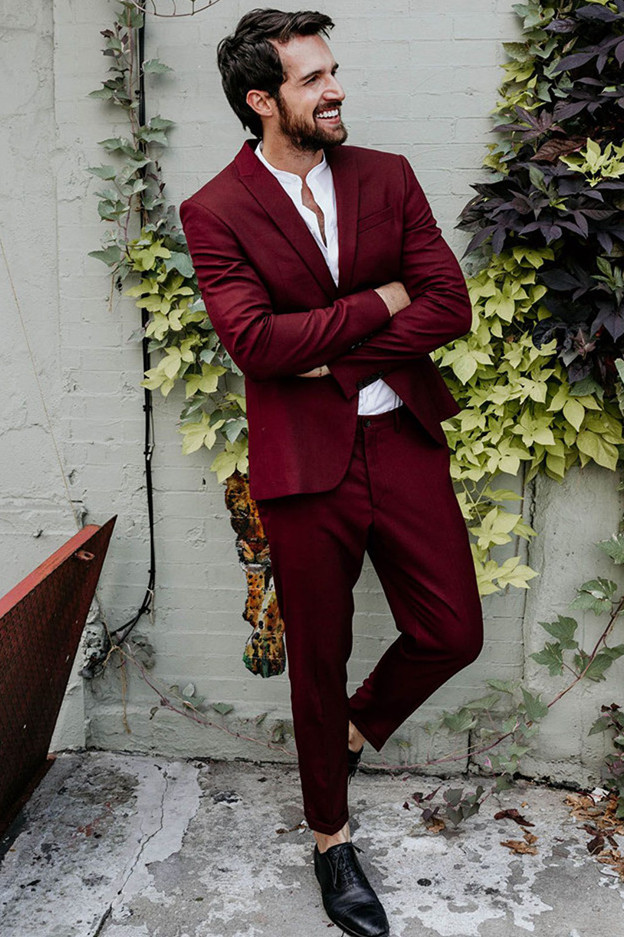 Fashion Reception Suit For Groom Burgundy With Peaked Lapel - lulusllly