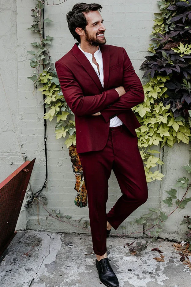 Simple Reception Suit For Groom Burgundy With Peaked Lapel Party