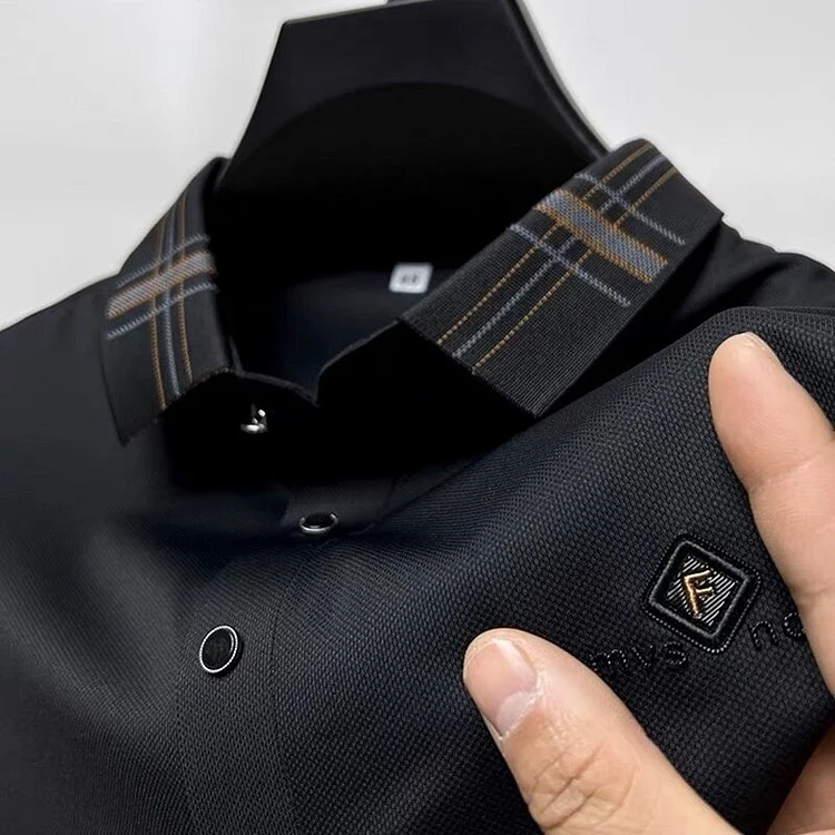 Summer ice silk slip t-shirt men's short sleeve 2023 new high-end embroidery lapel top fashion casual polo shirt men's wear