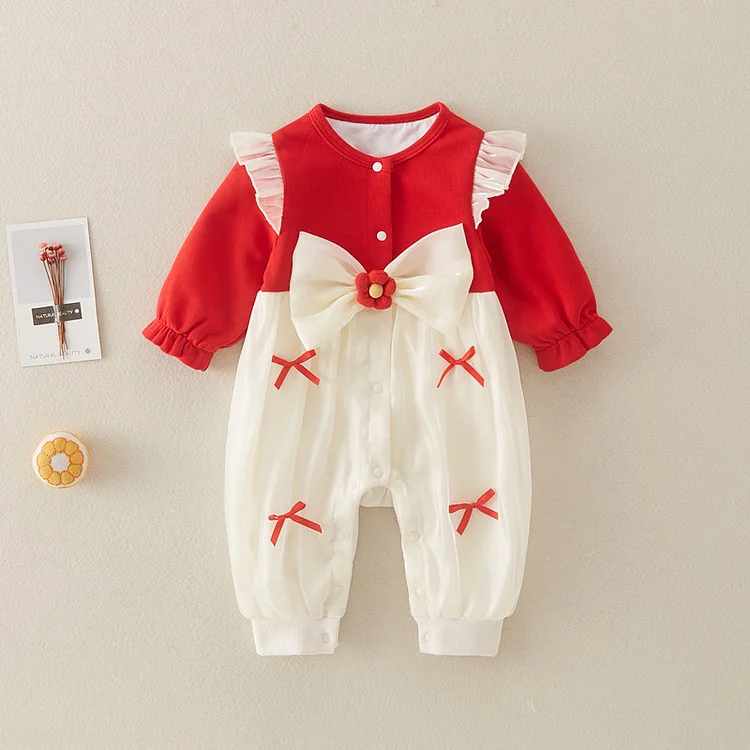 Baby Girl Fashion Red Bow Long Sleeve Romper