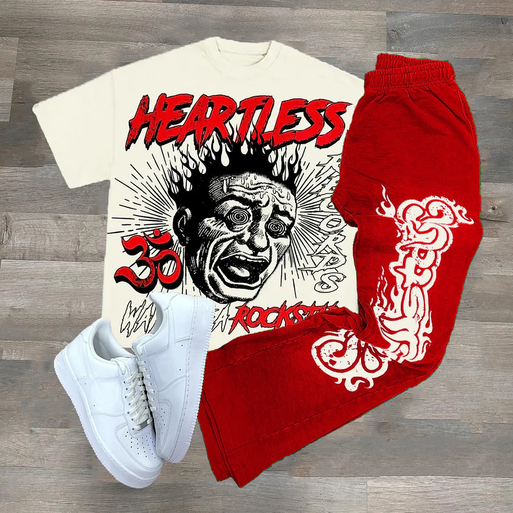 Personalized Heartless Print Hip Hop Short Sleeve Tee & Flared Trousers Two Piece Set
