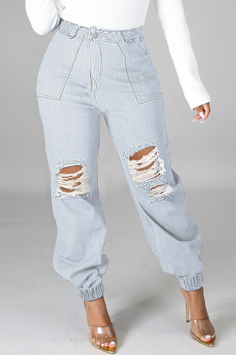 Casual Solid Ripped Mid Waist Harlan Denim Jeans
