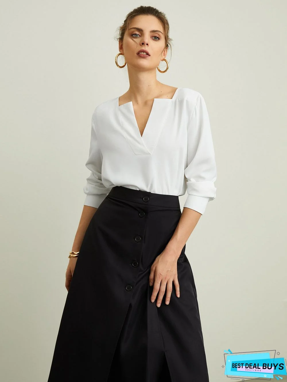 White Daily Long sleeve Plain V Neck Simple Blouse