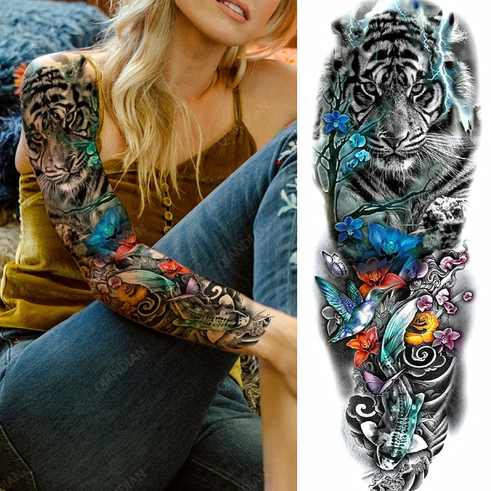 Large Arm Sleeve Tattoo Rose Lion Wolf Waterproof Temporary Tatto Sticker Flower Clock Waist Leg Body Art Full Fake Tatoo Women
