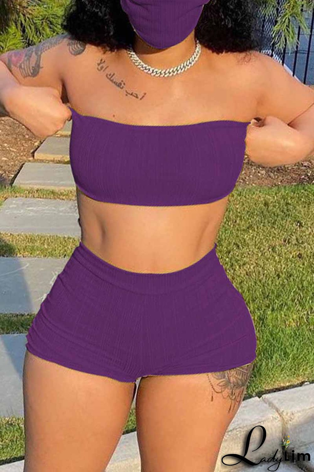 Blue Fashion Sexy Solid Backless Strapless Sleeveless Two Pieces