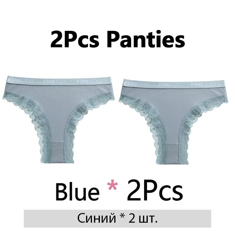FINETOO 2Pcs/Set Cotton Panties for Women Sexy Ladies Lace G-string Solid Color Thongs Girls Plus Size M-2XL Underwear Lingerie