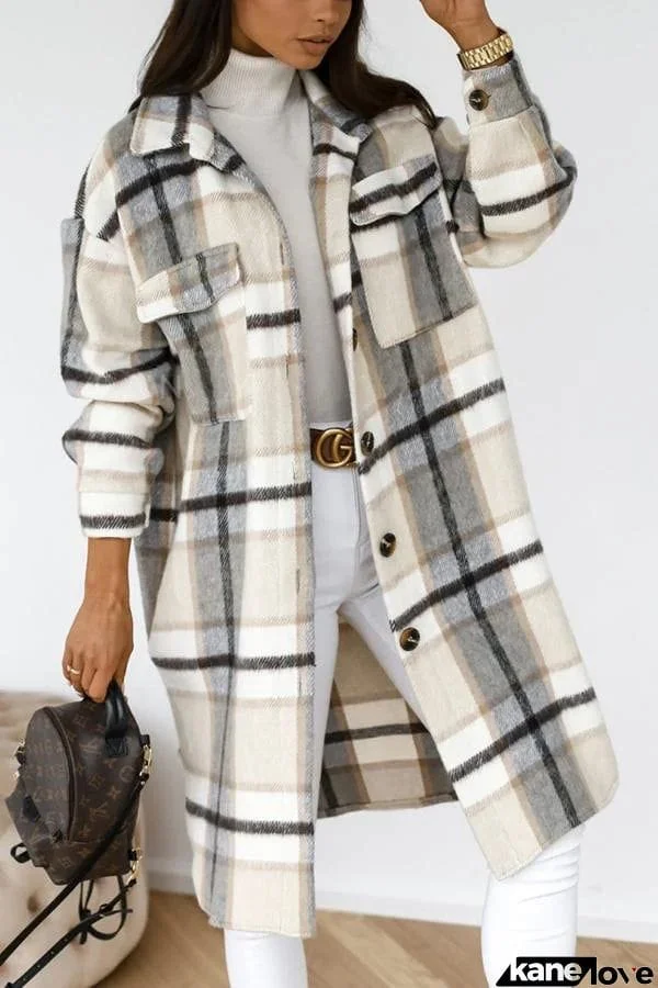 Women's  Woolen Plaid Trench Coat