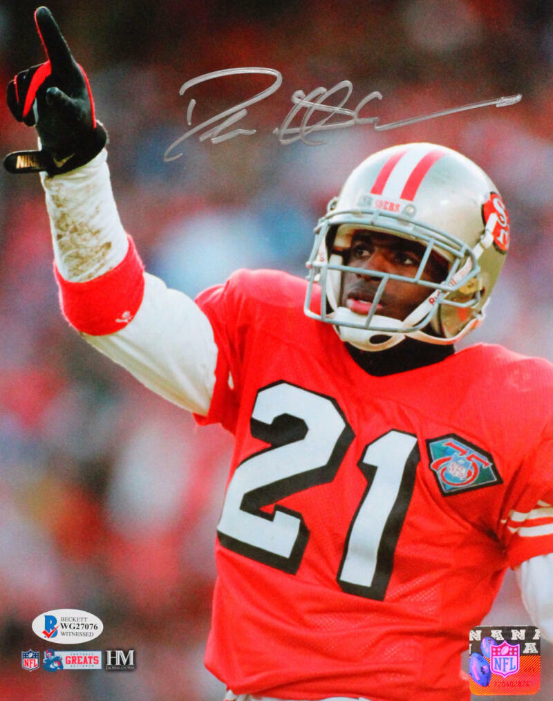 Deion Sanders Autographed 49ers 8x10 Pointing Up HM Photo Poster painting - Beckett W *Silver