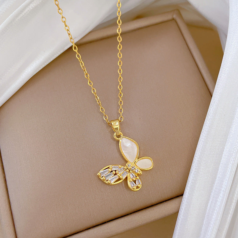 Shell Hollow Butterfly Full Diamond Gorgeous Full Diamond Necklace Women’S Versatile Clavicle Chain Titanium Steel