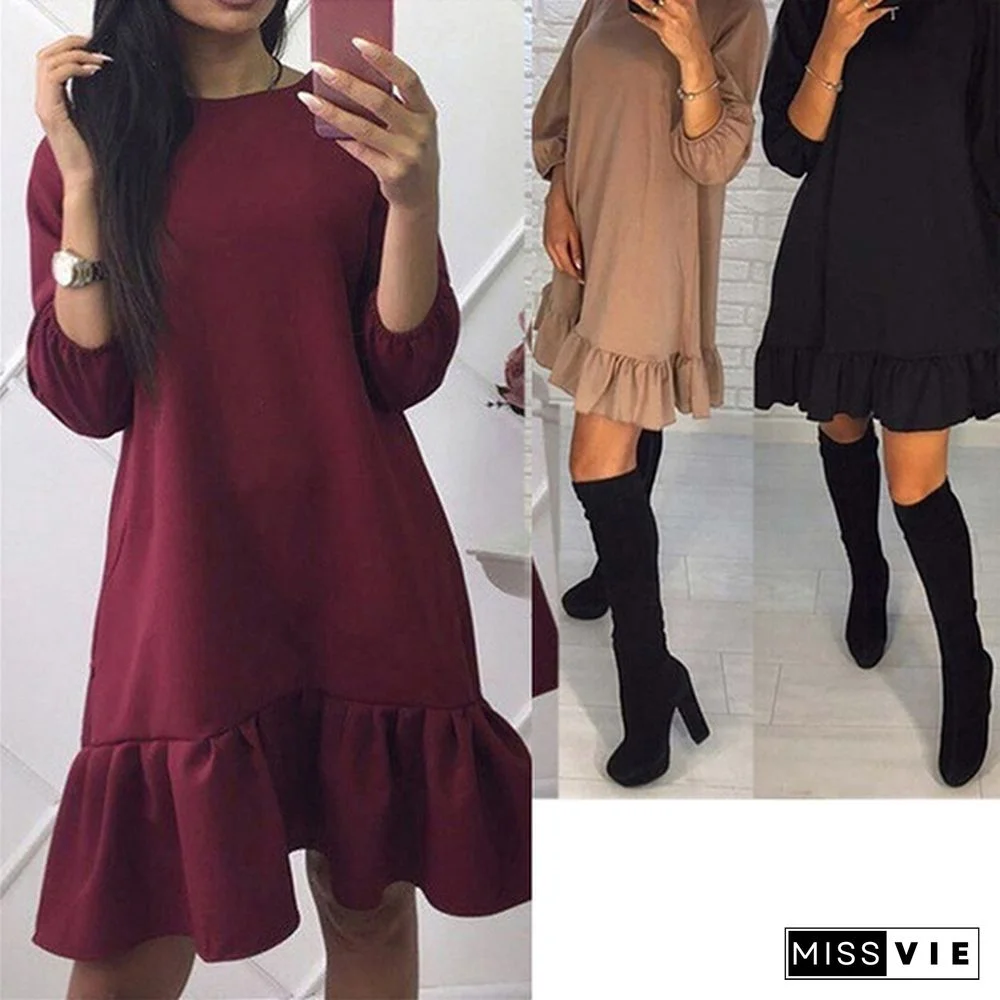 Fashion Women Spring Autumn Knitted Ruffles Pullover Dresses O-Neck Long Sleeve Dress