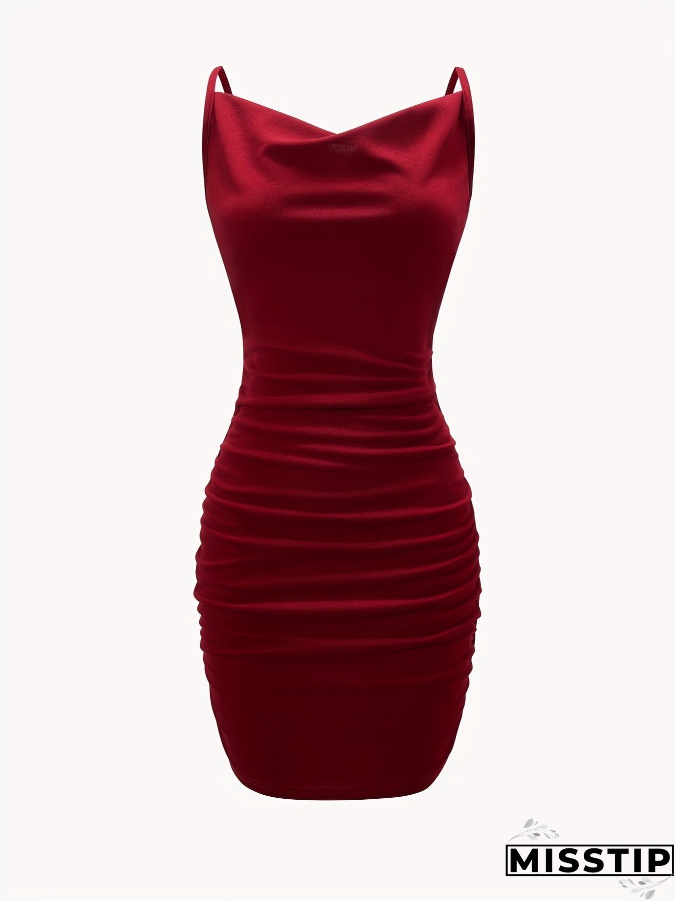 Solid Cowl Neck Mini Dress, Ruched Side Body Con Cami Dress , Women's Clothings