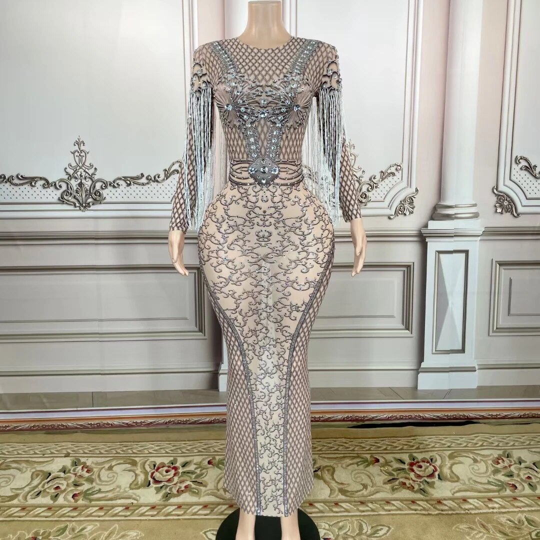 VCSHOES Sparkly Crystal Rhinestones Mesh Transparent Dress Women Celebrate Wedding Party Evening Prom Gown Birthday Dress Stage Wear